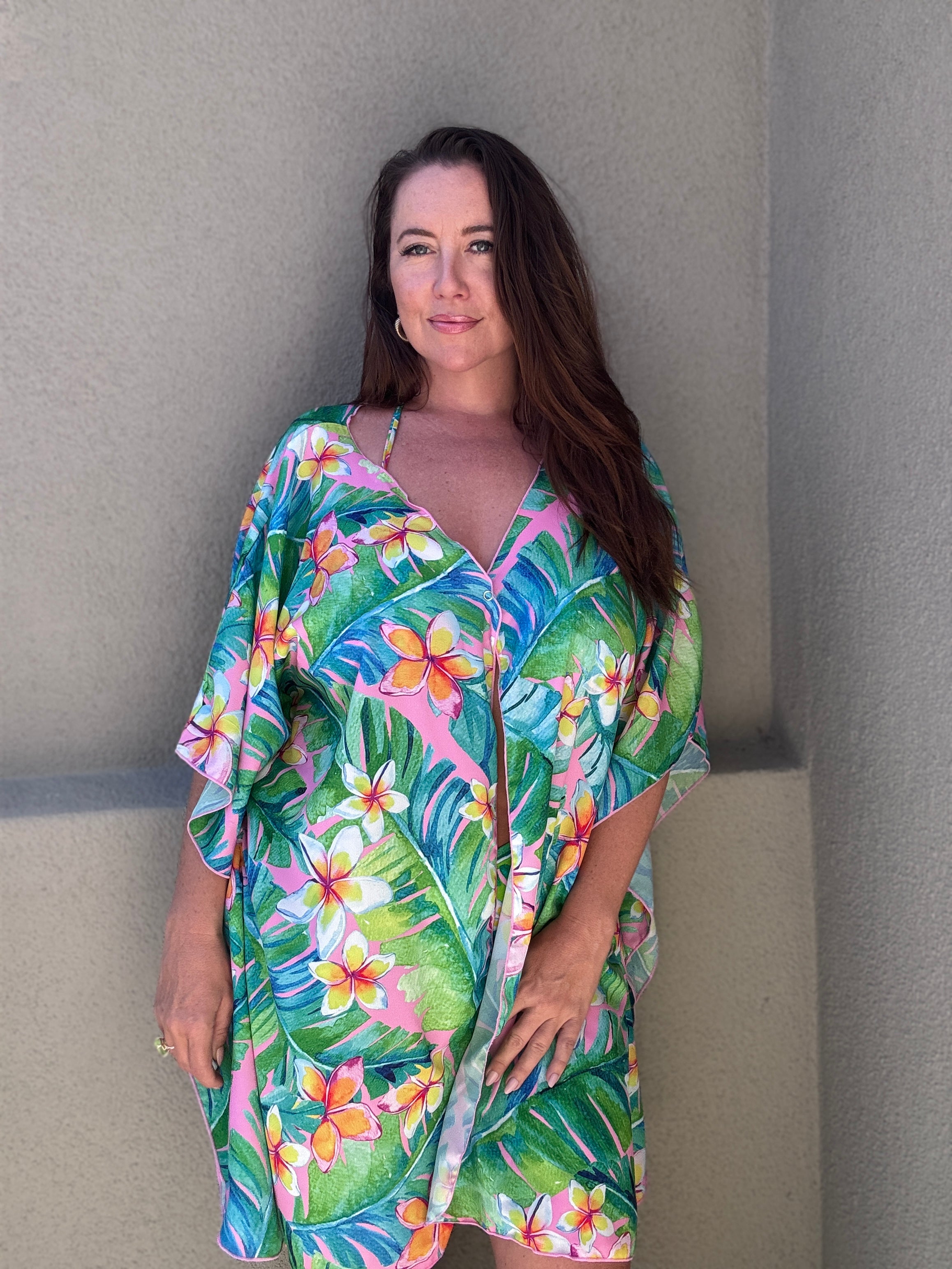 Pink Plumeria Cover Up with snap final sale