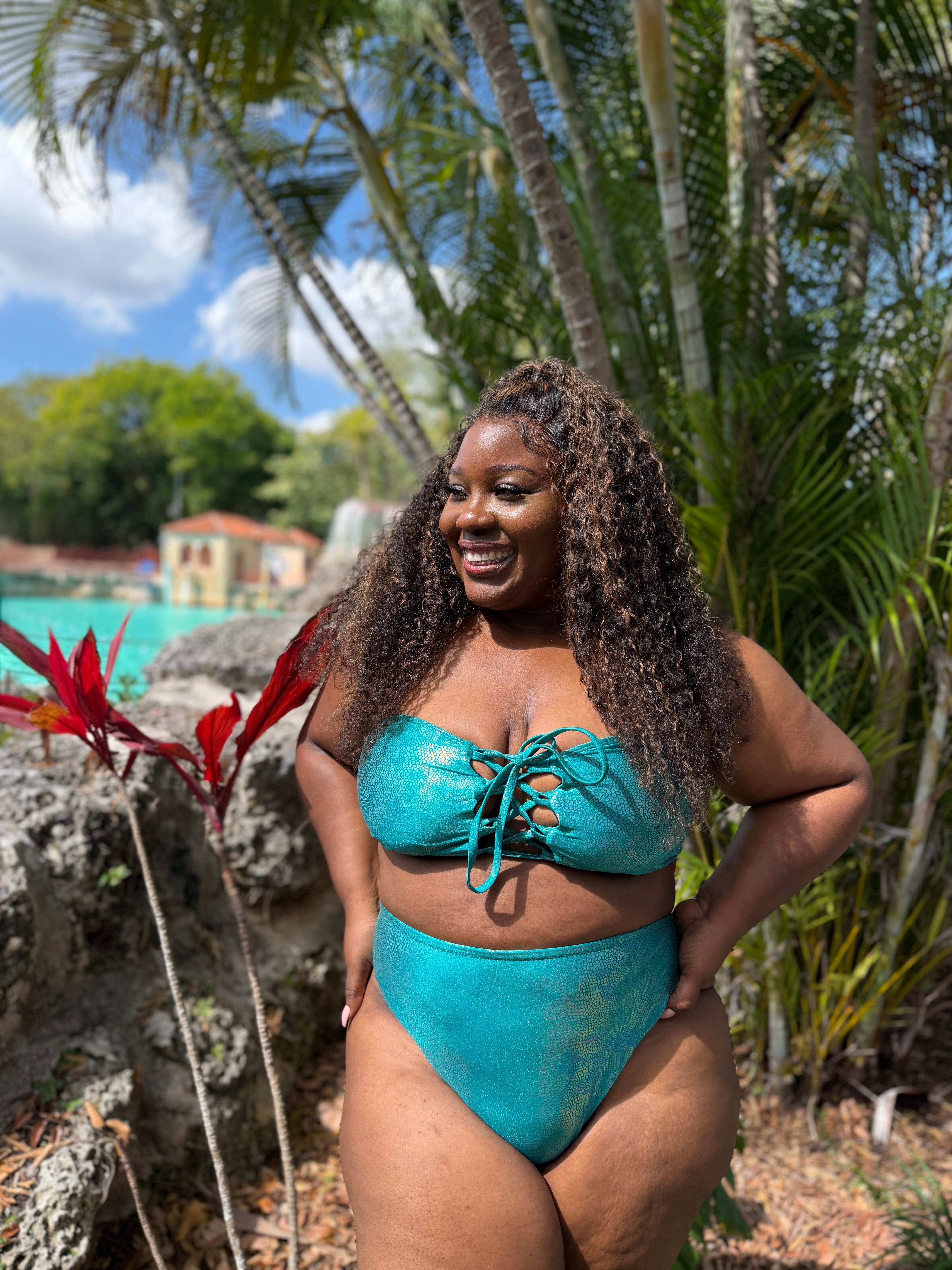 Teal Shimmer High Waist Cheeky Bottom