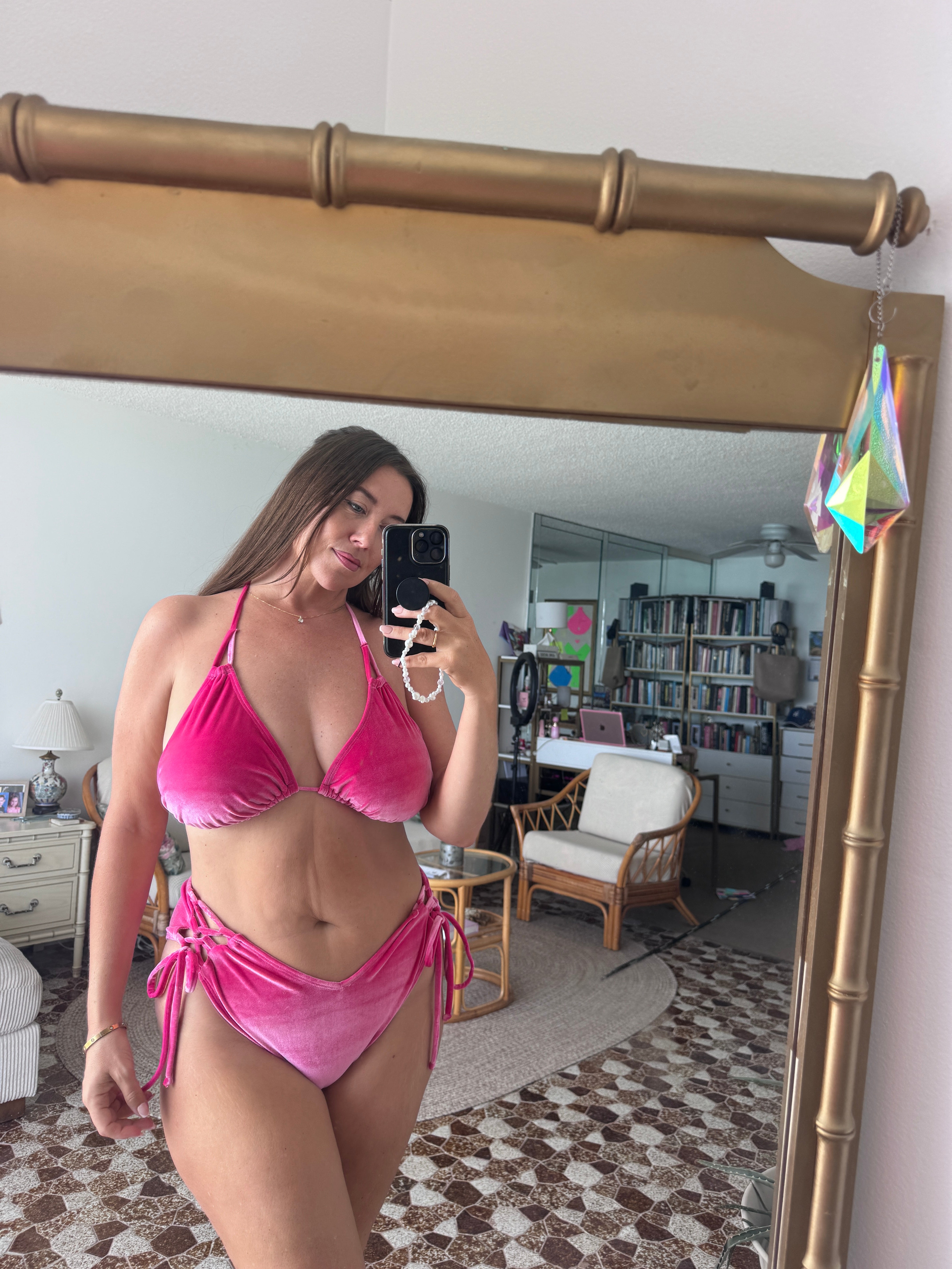 Tickle Me Pink Velvet Side Tie Bottom