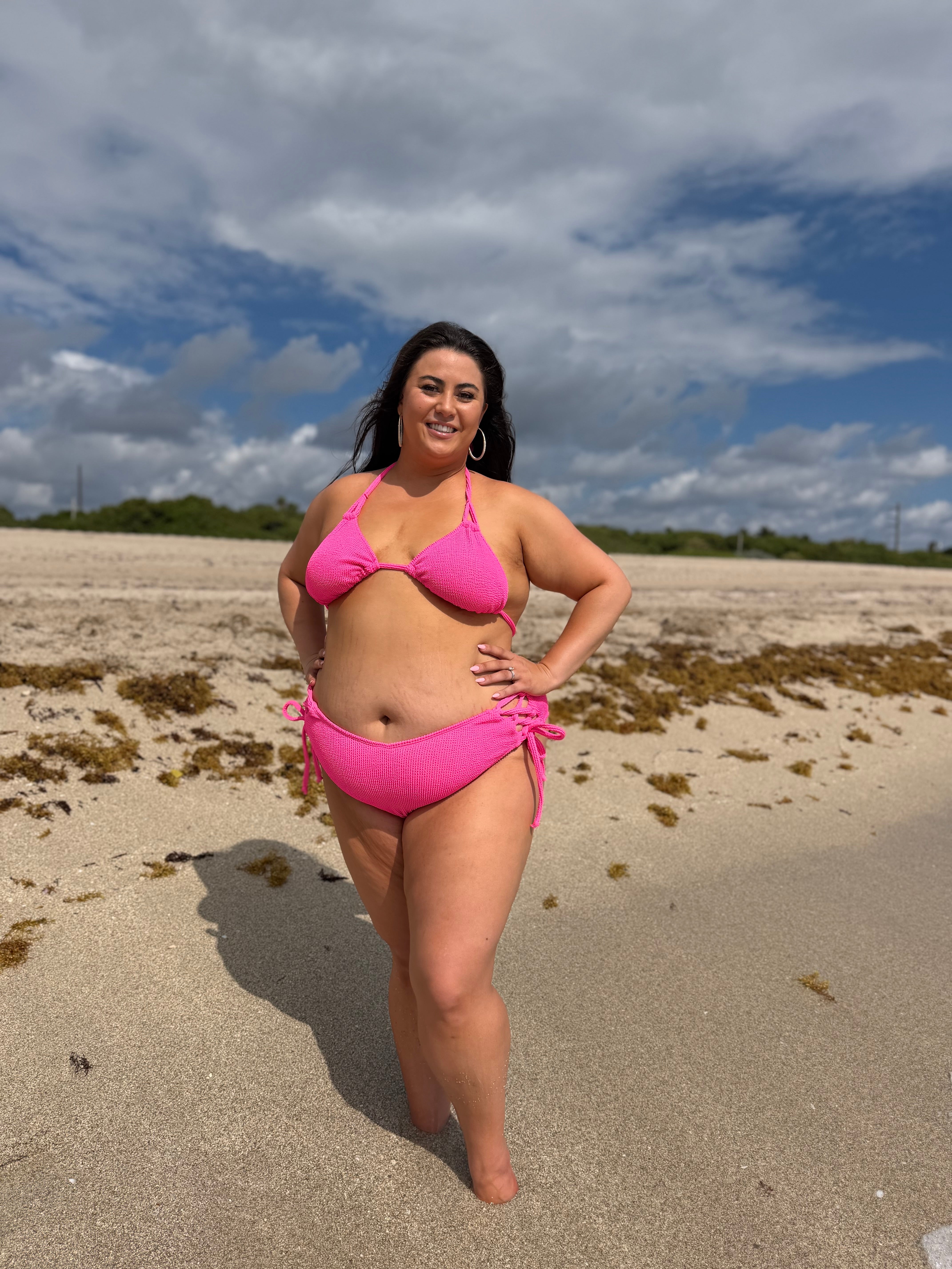 Neon Pink Crinkle Side Tie Bikini Bottom
