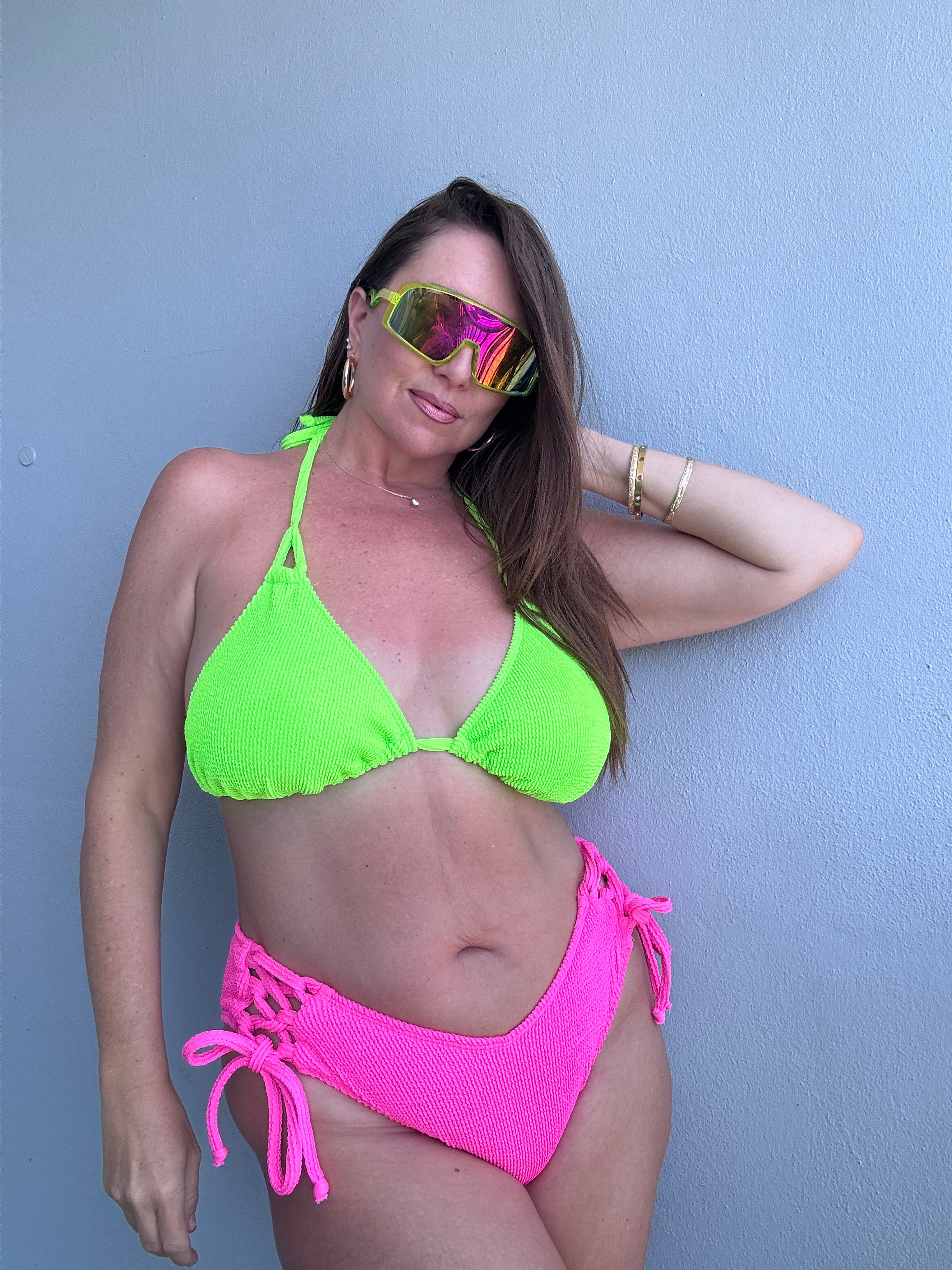 Neon Pink Crinkle Side Tie Bikini Bottom