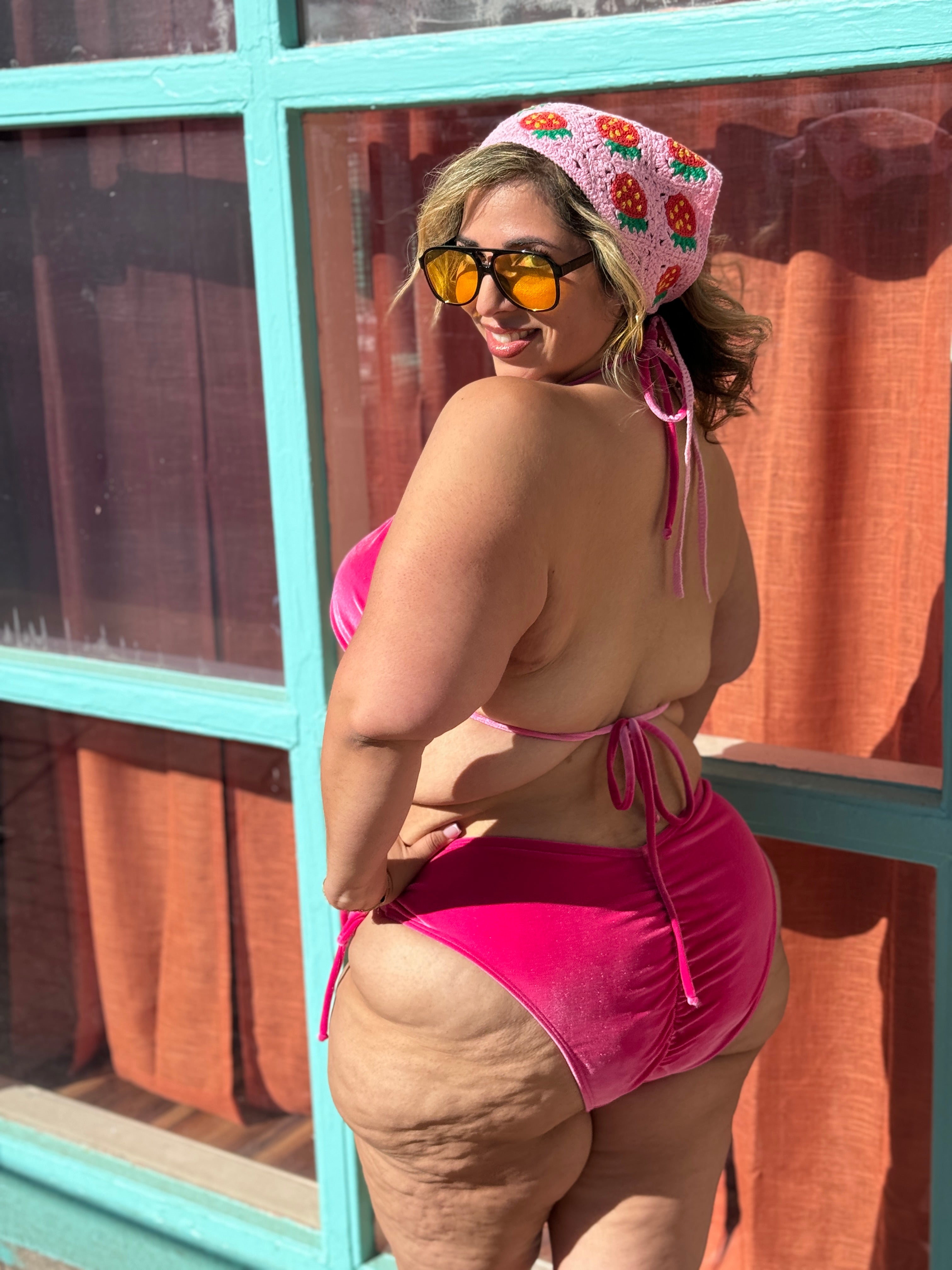 Tickle Me Pink Velvet Side Tie Bottom